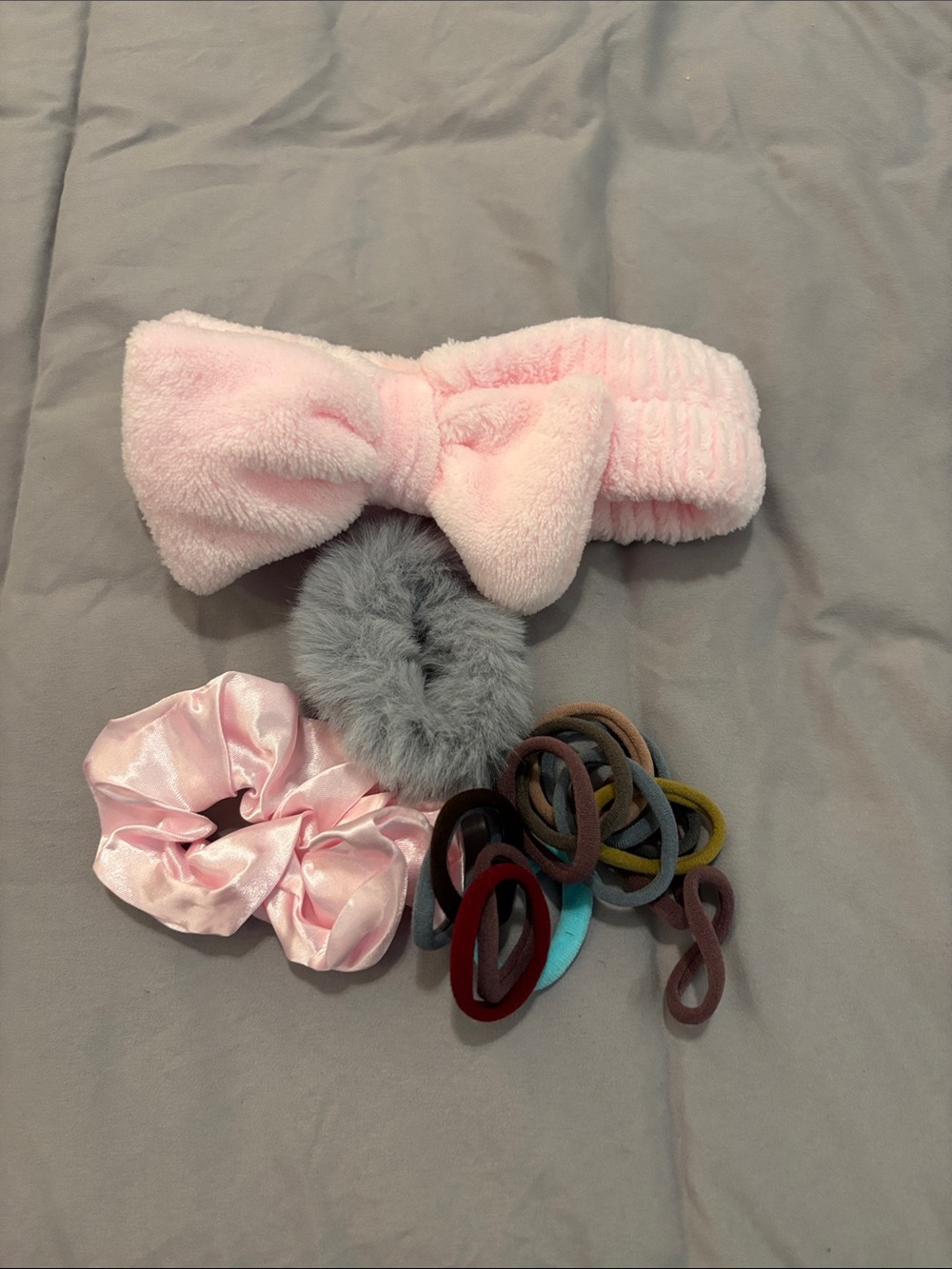Plush Pink Bow Headband with Assorted Scrunchies & Hair Ties